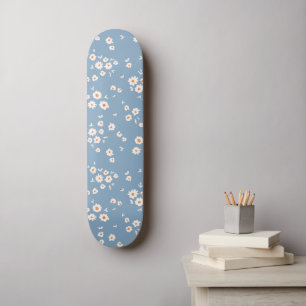 Retro Groovy Daisy Pattern Dusty Blue Floral 70's Skateboard