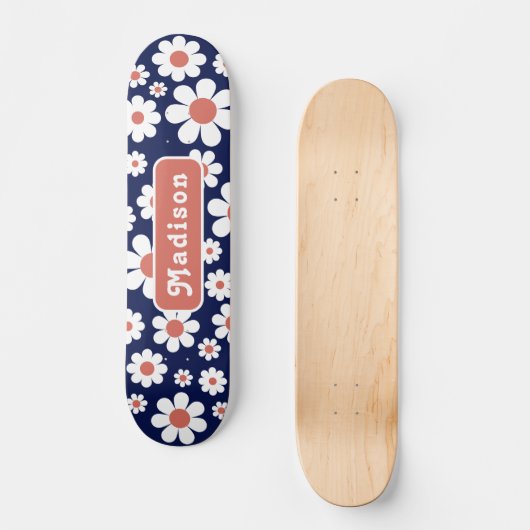 Retro Groovy Daisy Pattern Name Blue Skateboard (Voorkant)