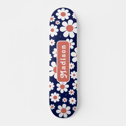 Retro Groovy Daisy Pattern Name Blue Skateboard (Voorkant)