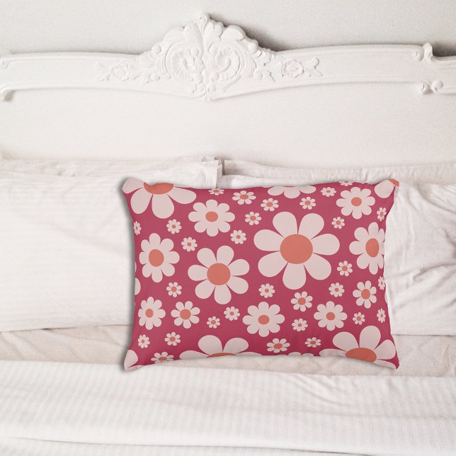 Retro Groovy Daisy Pattern Roze Sinaasappel Accent Kussen (Retro 70s vintage pink and orange daisy pattern groovy boho floral pillow)