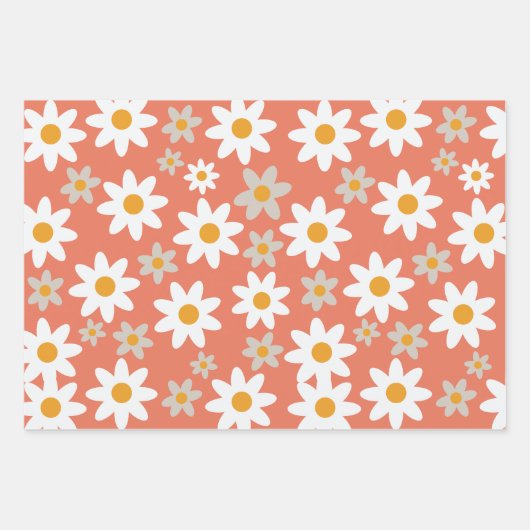 Retro Groovy Daisy Pattern Sinaasappel Roze Groen Inpakpapier Vel (Voorkant 3)