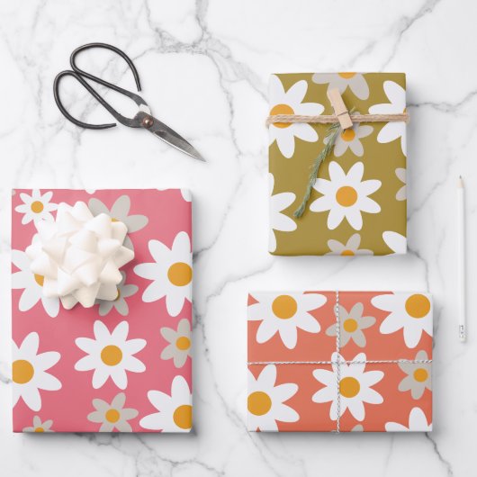 Retro Groovy Daisy Pattern Sinaasappel Roze Groen Inpakpapier Vel (Voorkant)