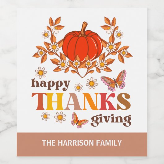 Retro Groovy Daisy Pumpkin Hippie Thanksgiving Wijn Etiket (Enkel label)