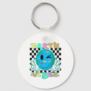 Retro Groovy Earth Vibes Earth Smile Vrouwen Meisj Sleutelhanger