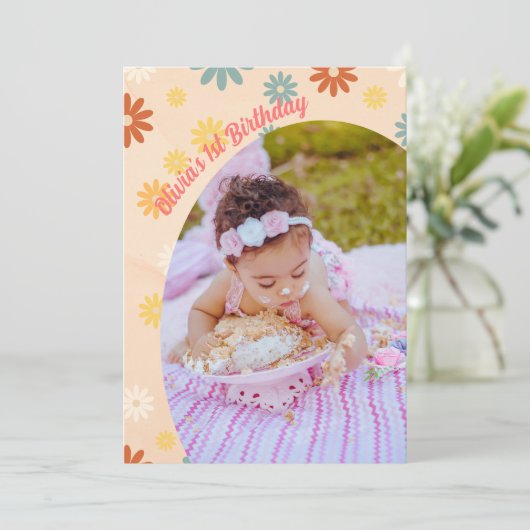 Retro groovy één dagbloem Eerste verjaardag Kaart (Staand voorkant)