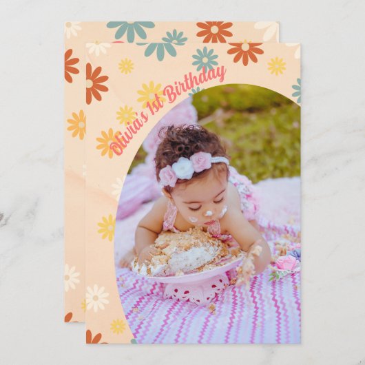 Retro groovy één dagbloem Eerste verjaardag Kaart (Voorkant / Achterkant)