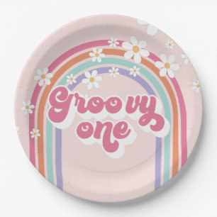Retro Groovy Eén Regenboog Roze Papieren Bordje