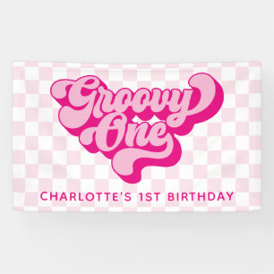 Retro Groovy Eén Roze en Witte Schaken Spandoek