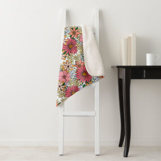 Retro Groovy Floral Daisy Boho Sherpa Deken