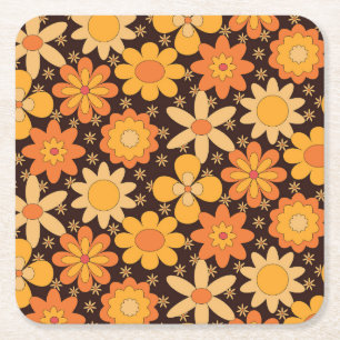 Retro Groovy Floral Patroon Geel en Oranje Vierkante Kartonnen Onderzetter
