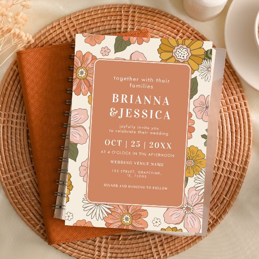 Retro Groovy Flower Pattern FotoMonogram Weddensch Kaart