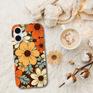 Retro Groovy Flowers Bloemen Bruin Geel Sinaasappe iPhone 16 Hoesje