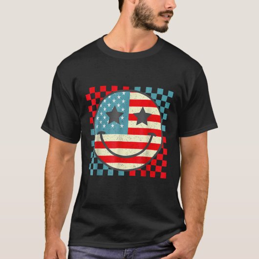 Retro Groovy Fourth 4th Of July Smile Checkered Wo T-shirt (Voorkant)
