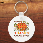 Retro Groovy geruite pompoen Daisy Thanksgiving Sleutelhanger (Achterkant)