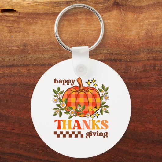 Retro Groovy geruite pompoen Daisy Thanksgiving Sleutelhanger (Achterkant)
