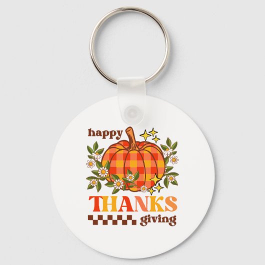 Retro Groovy geruite pompoen Daisy Thanksgiving Sleutelhanger (Achterkant)