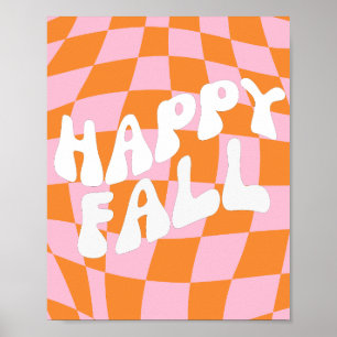 Retro Groovy Geruite Roze En Oranje Herfst Muur  Poster