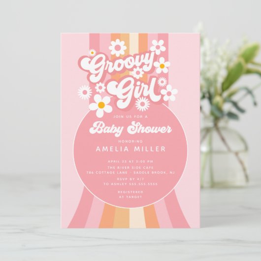 Retro Groovy Girl Baby shower Uitnodiging (Staand voorkant)