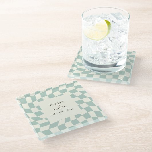 Retro Groovy Groen Checkerboard Bruiloft Glazen Onderzetter (Schuin)