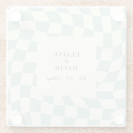 Retro Groovy Groen Checkerboard Bruiloft Glazen Onderzetter (Achterkant)