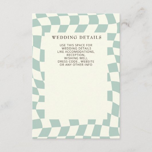 Retro Groovy Groen Checkerboard Bruiloft Informatiekaartje (Voorkant)