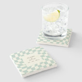Retro Groovy Groen Checkerboard Bruiloft Stenen Onderzetter (Zijkant)