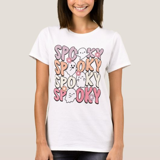 Retro Groovy Halloween Geesten en Bloemen Spooky T-shirt (Voorkant)