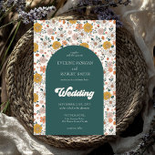 Retro groovy herfst bloemen boog bruiloft kaart