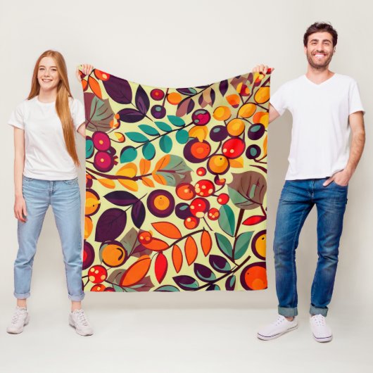 Retro Groovy herfst Herfst bessen bladeren patroon Fleece Deken (In situ)