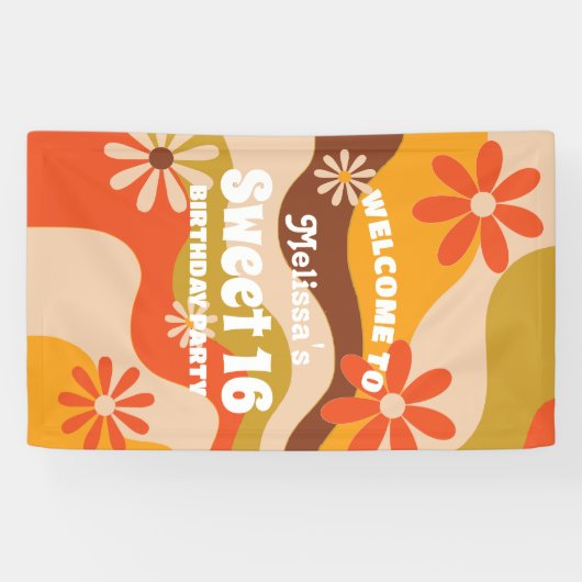 Retro Groovy Hippie Bloem Zoet 16 Verjaardag Spandoek (Horizontaal)