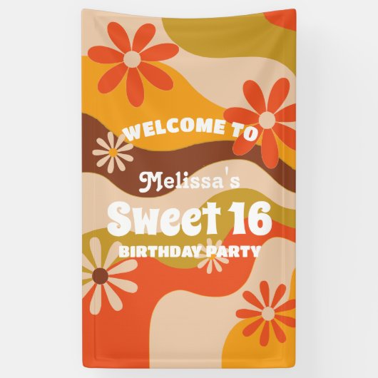 Retro Groovy Hippie Bloem Zoet 16 Verjaardag Spandoek (Verticaal)