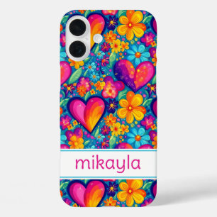 Retro Groovy Hippie Bloemen Harten Persoonlijk iPhone 16 Plus Hoesje
