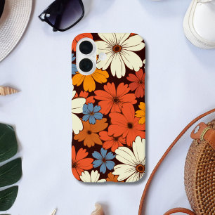 Retro Groovy Hippie Bloemen Rood Blauw Wit Geel iPhone 16 Hoesje
