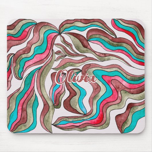 Retro Groovy Hot Roze Bourgondië Wavy Script Naam Muismat (Voorkant)