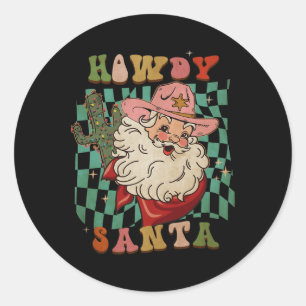 Retro Groovy Howdy Santa Kerstmis Cowboy Santa XM Ronde Sticker