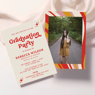Retro Groovy Ivory Red 70s Graduation Party Foto Kaart