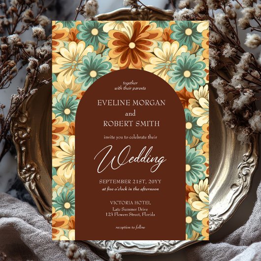 Retro groovy kleurrijke bloemen boog bruiloft kaart