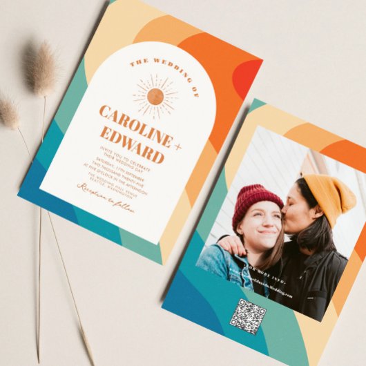 Retro Groovy Kleurrijke Wavy Boho Bruiloft QR Code Visitekaartje