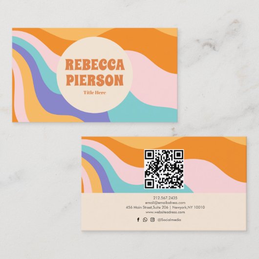 Retro Groovy Kleurrijke Wavy Boho QR Code Visitekaartje (Voorkant / Achterkant)