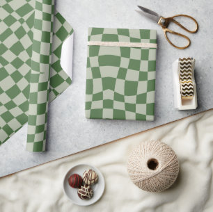Retro Groovy Leuke Sage Green Wavy Geruit Cadeaupapier