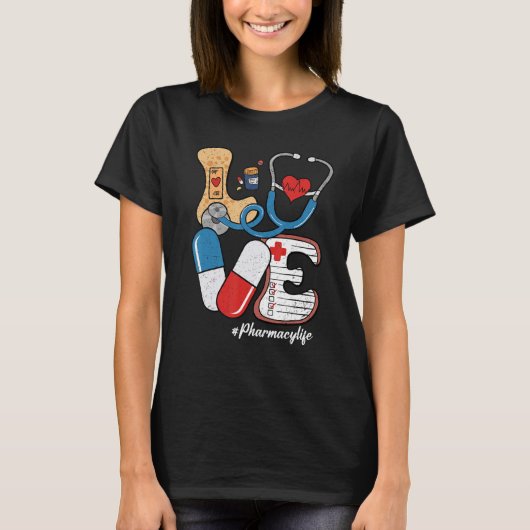 Retro Groovy LOVE Stethoscoop Pil Apotheek Leven P T-shirt (Voorkant)