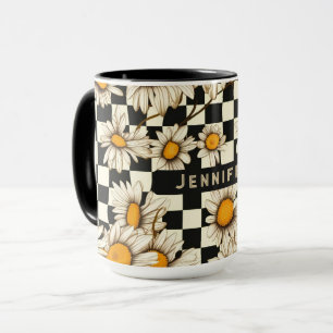Retro Groovy Madeliefjes Schachbrett Naam Cadeau Mok
