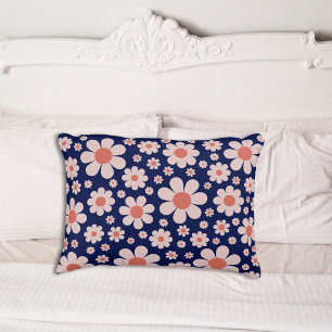 Retro Groovy Madeliefjespatroon Navyblauw Oranje Accent Kussen
