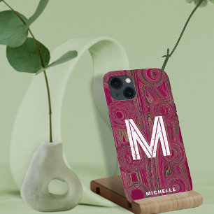 Retro Groovy Magenta Roze Goud Glitter Monogram iPhone 13 Hoesje