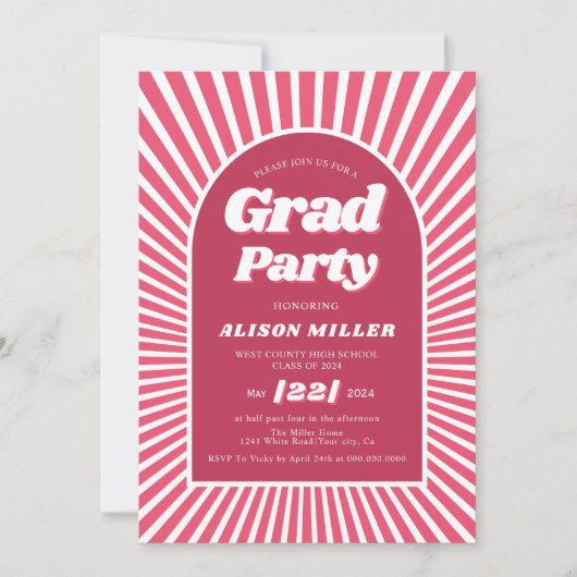 Retro groovy magenta roze zonnestralen 70s Afstude Kaart (Voorkant)