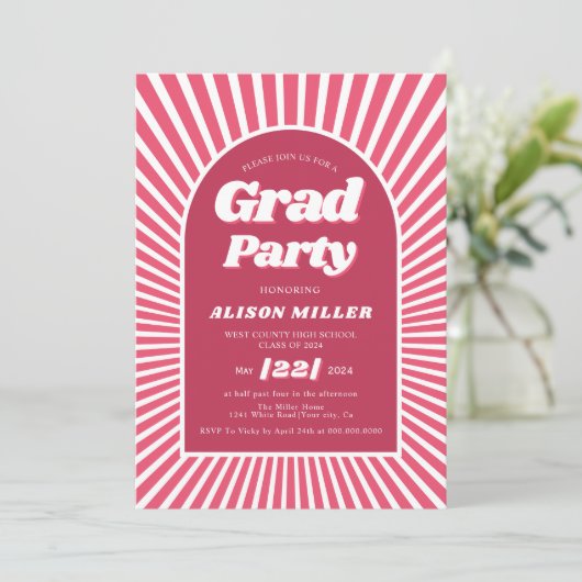 Retro groovy magenta roze zonnestralen 70s Afstude Kaart (Staand voorkant)