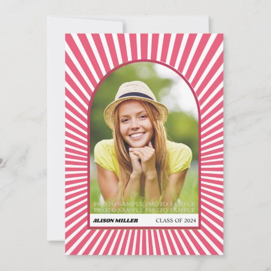 Retro groovy magenta roze zonnestralen 70s Afstude Kaart (Achterkant)