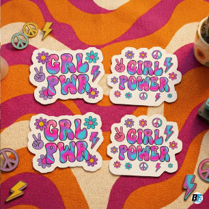 Retro Groovy Meisjeskracht Roze Blauwe Typografie Sticker