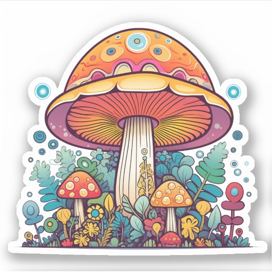 Retro Groovy Mushroom Sinaasappel Blauwgroen Sticker (Voorkant)