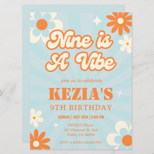 Retro Groovy Nine est une invitation d'anniversair (Devant / Derrière)